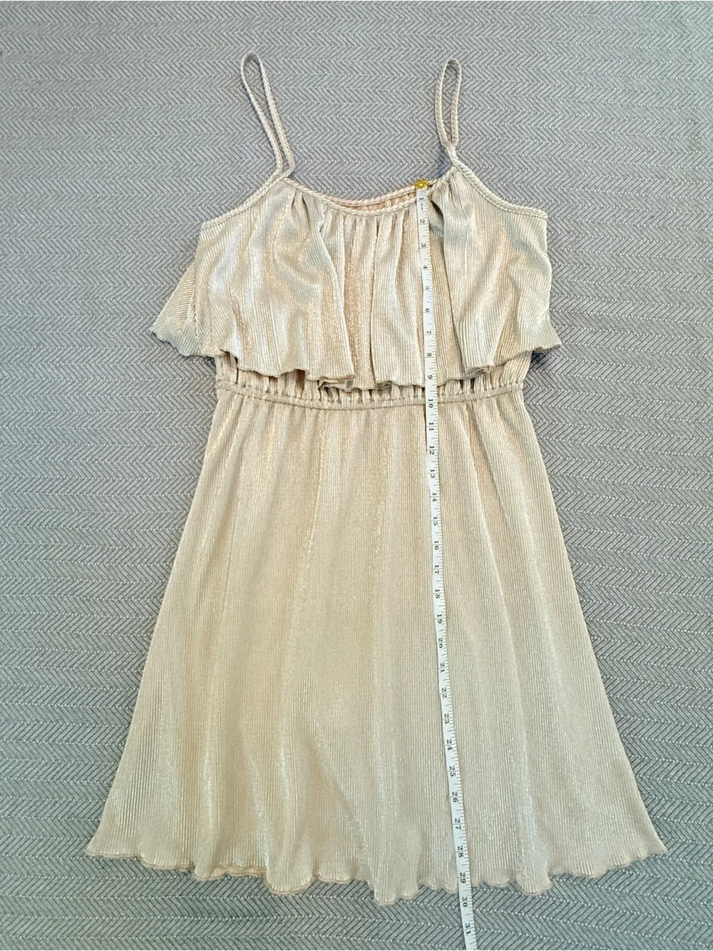 GB Metallic Pleated Mini Dress L Gold Shimmer Strappy Layered Flowy